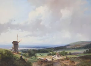 Shepherds And A Horseman By A Mill, Haarlem In The Background by Andreas Schelfhout Oil Painting