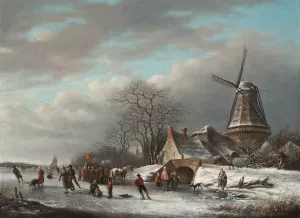Skaters on a Dutch waterway by a windmill by Andreas Schelfhout Oil Painting