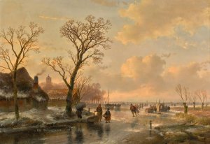Skaters on a frozen river by Andreas Schelfhout Oil Painting