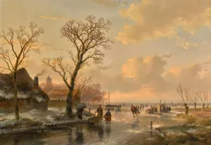 Skaters on a frozen river by Andreas Schelfhout Oil Painting