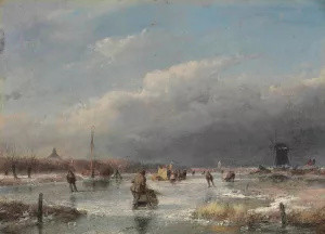 Skaters On A Frozen River by Andreas Schelfhout Oil Painting