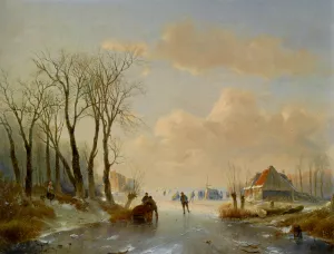 Skaters on the Ice with a Koek en Zopie in the Distance painting by Andreas Schelfhout