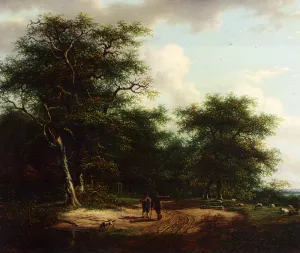 Two Figures in a Summer Landscape by Andreas Schelfhout - Oil Painting Reproduction