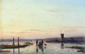Windmill beside a frozen river by Andreas Schelfhout Oil Painting