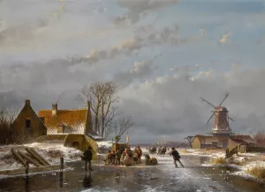 Winter landscape with skaters and a koek-en-zopie by Andreas Schelfhout Oil Painting