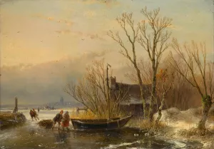 Winter Scene on the Ice with Wood Gatherers by Andreas Schelfhout Oil Painting