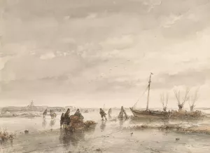 Winterlandschap met bevroren meer by Andreas Schelfhout Oil Painting