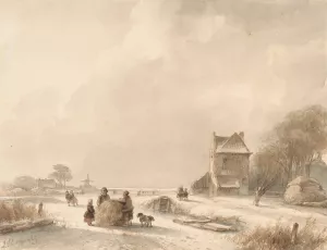 Winterlandschap met hooislee en schaatsers by Andreas Schelfhout Oil Painting