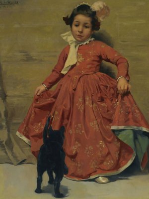 Girl dancing for her cat by Andres Parlade y Heredia Oil Painting