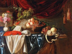 A Lobster, Fruit And A Vase of Flowers by Andries Benedetti Oil Painting