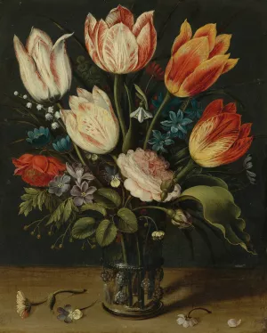 Still Life Of Tulips And Other Flowers In A Glass Vase by Andries Daniels Oil Painting
