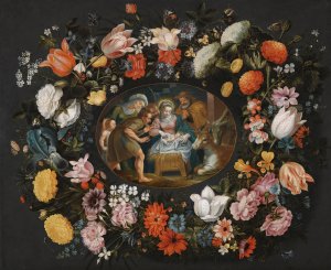 Adoration Of The Shepherds Surrounded By A Garland Of Flowers by Andries Snellinck Oil Painting