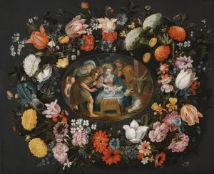 Adoration Of The Shepherds Surrounded By A Garland Of Flowers by Andries Snellinck Oil Painting