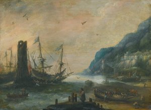 A mediterranean coastal scene with a tower, ships, and figures on the shore by Andries Van Eertvelt Oil Painting