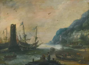 A mediterranean coastal scene with a tower, ships, and figures on the shore by Andries Van Eertvelt Oil Painting