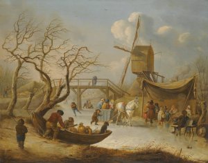 A Winter Landscape With Skating Figures And A Horse-Drawn Sleigh Near A Wind Mill by Andries Vermeulen Oil Painting