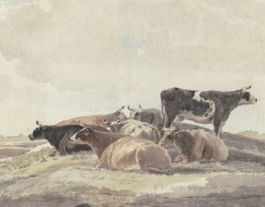 Auf einem Hugel sechs liegende und eine stehende Kuh by Andries Vermeulen Oil Painting