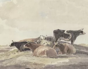 Auf einem Hugel sechs liegende und eine stehende Kuh by Andries Vermeulen Oil Painting