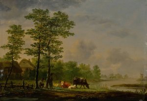 Landscape with farmers, cattle and sheep before a river by Andries Vermeulen Oil Painting