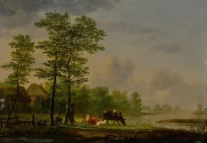 Landscape with farmers, cattle and sheep before a river by Andries Vermeulen Oil Painting