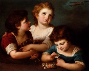 Children With A Bird's Nest And Flowers by Angelica Kauffmann Oil Painting