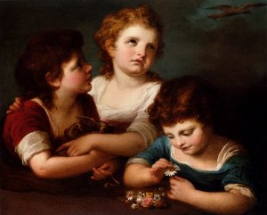 Children With A Bird's Nest And Flowers