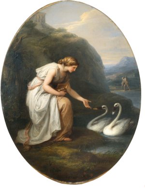 Immortalia, the nymph of immortality, receiving nameplates from two swans by Angelica Kauffmann Oil Painting