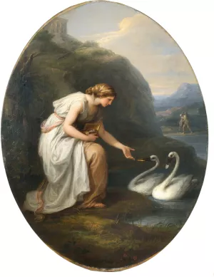 Immortalia, the nymph of immortality, receiving nameplates from two swans by Angelica Kauffmann Oil Painting
