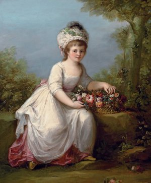 Portrait of a young girl, full-length, seated in a white dress with a basket of flowers, in a landscape by Angelica Kauffmann Oil Painting