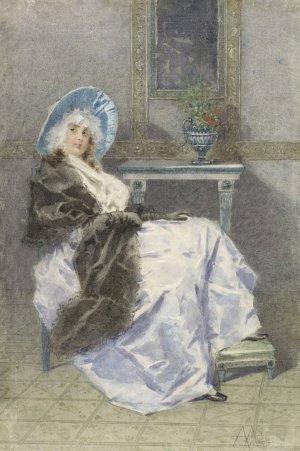 Zittende jonge vrouw met zwarte shawl en paarse rok by Angelo Achini Oil Painting