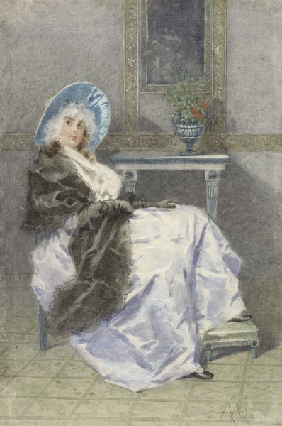 Zittende jonge vrouw met zwarte shawl en paarse rok  by Angelo Achini - Hand-Painted Oil Painting Reproduction