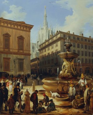 Strasenansicht aus Mailand, im Hintergrund der Dom by Angelo Inganni Oil Painting
