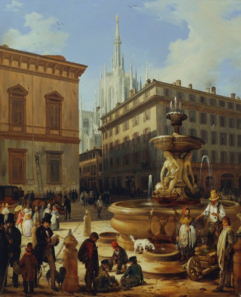 Main Product Photo of Strasenansicht aus Mailand, im Hintergrund der Dom  Painting by Angelo Inganni