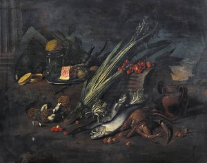 Still life with fish and mushrooms by Angelo Maria Rossi Oil Painting
