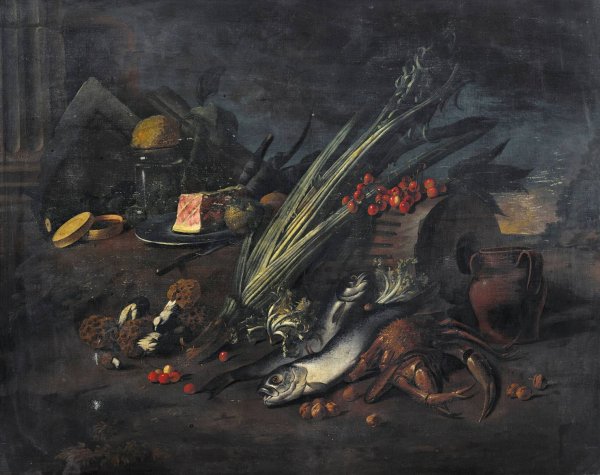 Still life with fish and mushrooms by Angelo Maria Rossi - Hand-Painted Oil Painting Reproduction