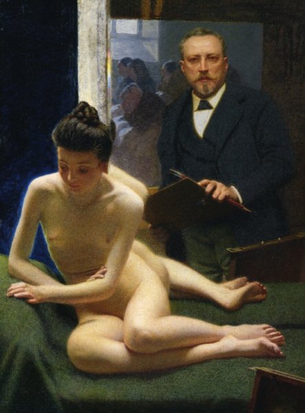 Self Portrait also known as The Artist and His Model Refle by Angelo Morbelli - Hand-Painted Oil Painting Reproduction