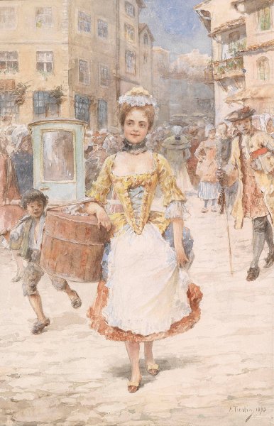 Junge Frau mit Hutschachtel  by Angelo Trentin - Hand-Painted Oil Painting Reproduction