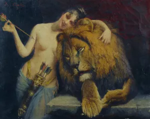 The Godess Diana with a Lion by Angelo Von Courten Oil Painting