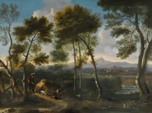 Italianate landscape with hunters shooting ducks by Angeluccio Oil Painting