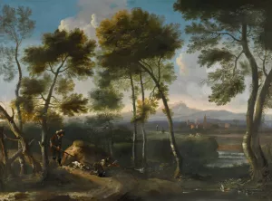 Italianate landscape with hunters shooting ducks by Angeluccio Oil Painting
