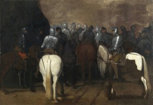 Cavalry in a nocturnal landscape by Aniello Falcone Oil Painting