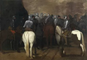 Cavalry in a nocturnal landscape by Aniello Falcone Oil Painting