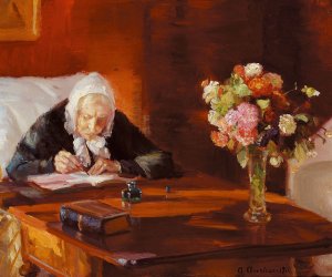 Ane Hedvig Brondum siddende ved sit skrivebord i den rode stue by Anna Ancher Oil Painting