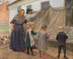 Fiskegarnene redes by Anna Ancher Oil Painting