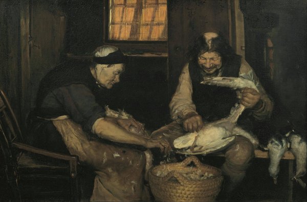 Old couple plucking gulls. Lars Gaihede and old Lene  by Anna Ancher - Hand-Painted Oil Painting Reproduction