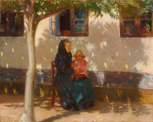 Skagenskone med den lille Helga Ancher pa skodet i solskin foran et hvidkalket hus by Anna Ancher Oil Painting