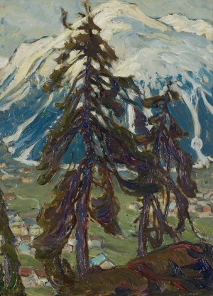 Fir Trees in front of the Mountains. Study from North Norway by Anna Boberg Oil Painting