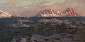 Fishing Harbour with Sunlit Mountains. Study from North Norway by Anna Boberg Oil Painting
