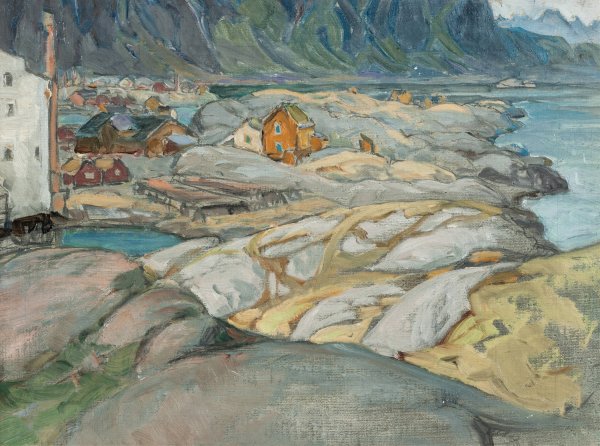 The Village at the Foot of the Mountain. Study from Lofoten  by Anna Boberg - Hand-Painted Oil Painting Reproduction
