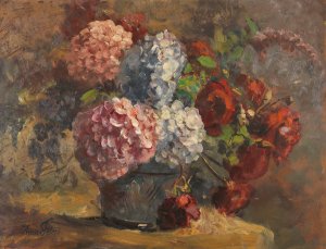 Hortensien und Rosen by Anna Peters Oil Painting